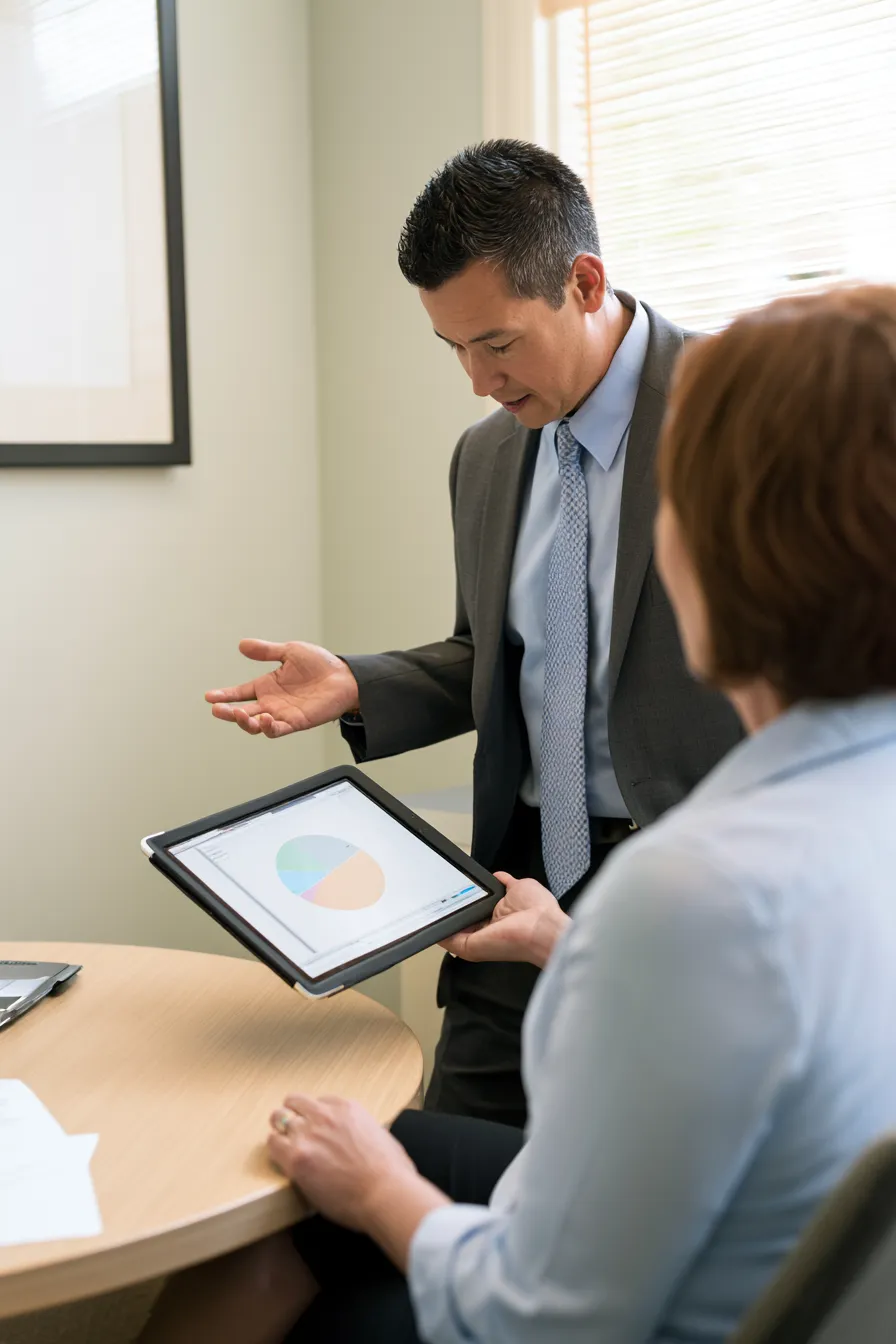 Advisor explaining a simple debt breakdown chart to a client after consolidation