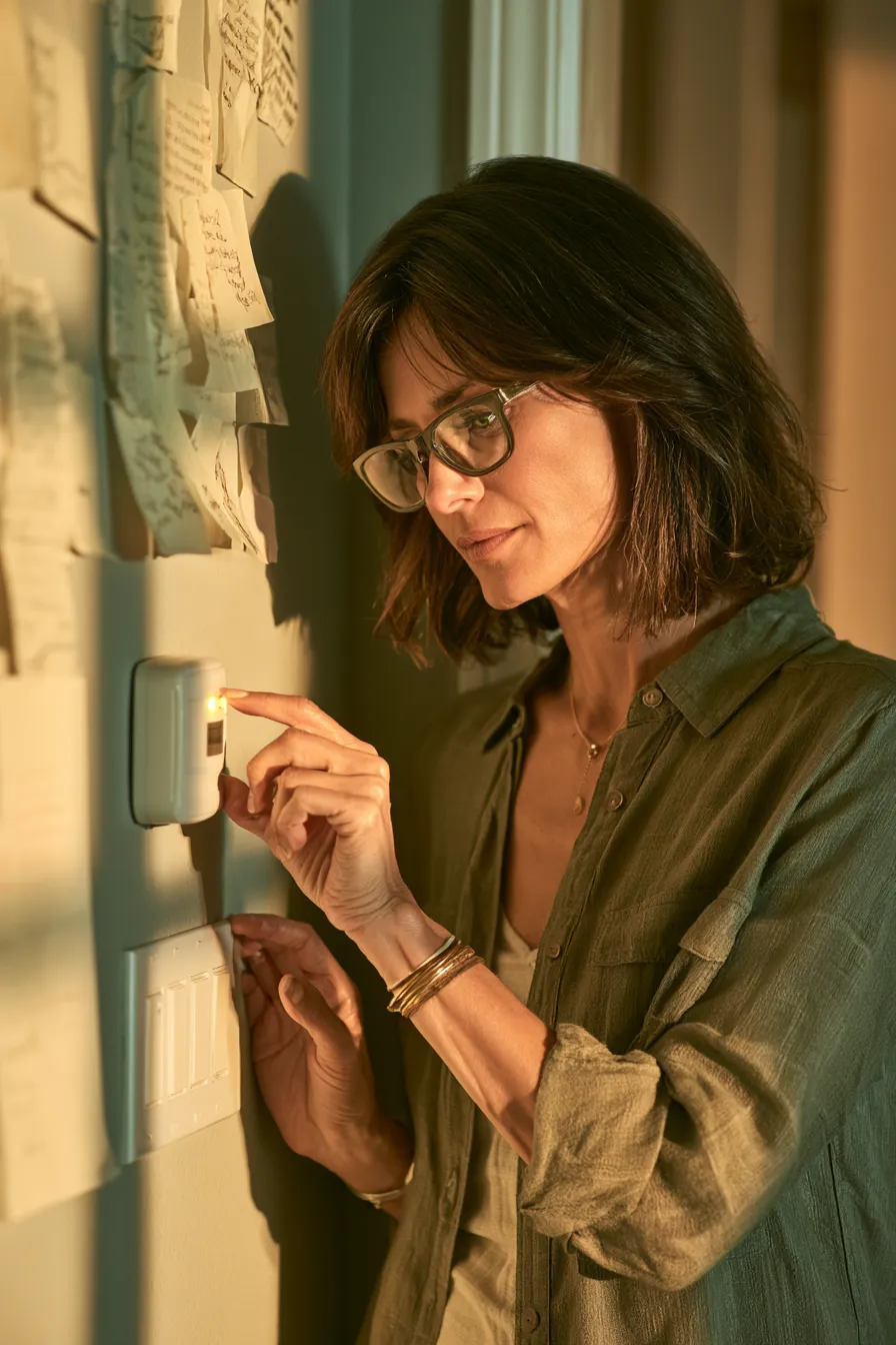 Woman adjusting a wall thermostat, fine-tuning her household costs one setting at a time