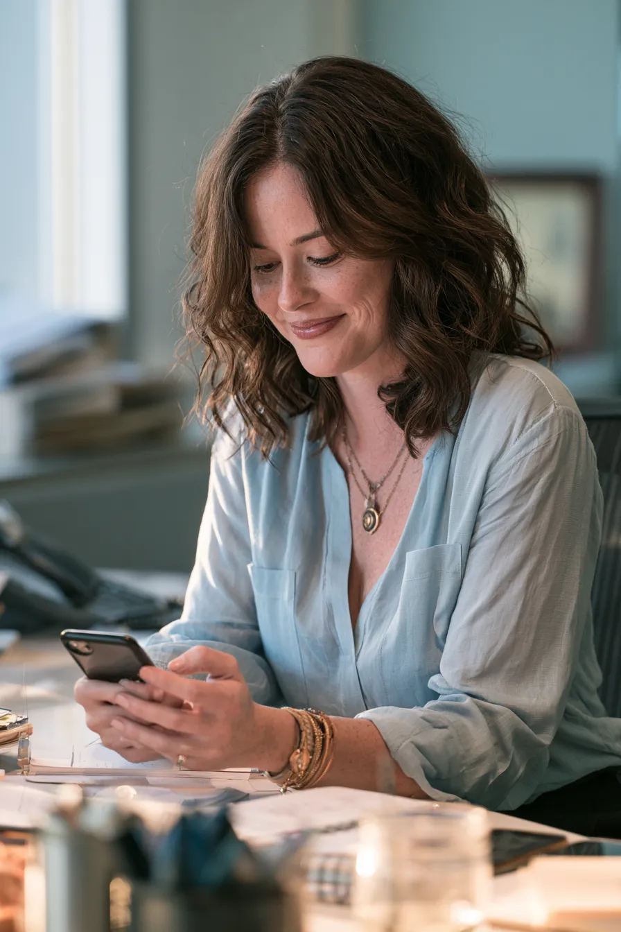 Woman setting a payment reminder on her phone at a tidy desk to keep every due date