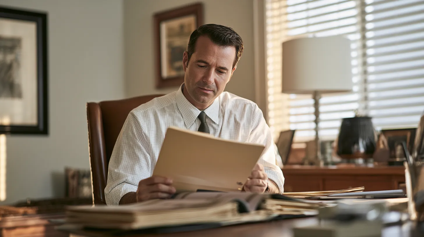 Focused man at a tidy home office desk reviewing one organized folder of consolidated accounts — Esketit personal loans