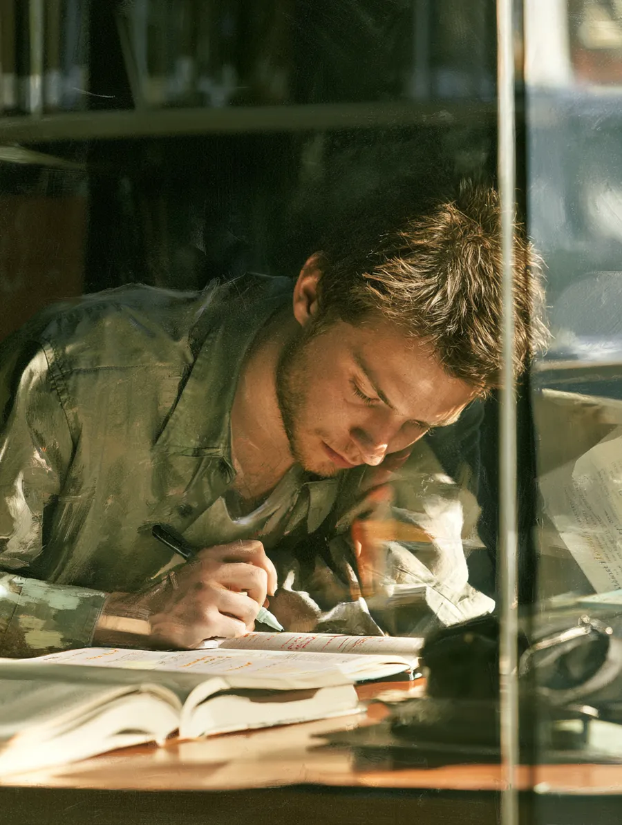 Student highlighting key figures while working through financial paperwork by a sunny window