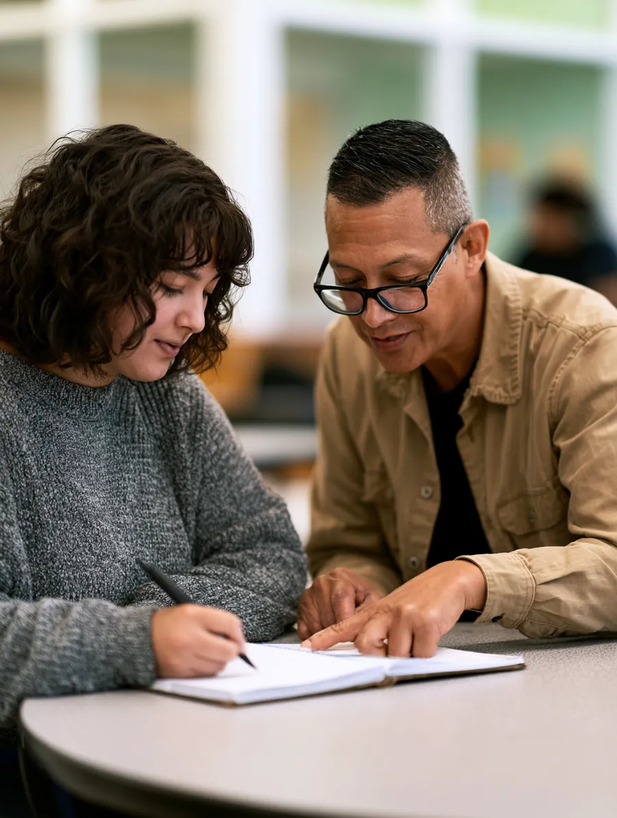 Mentor reviewing steady progress notes in a notebook with a younger colleague