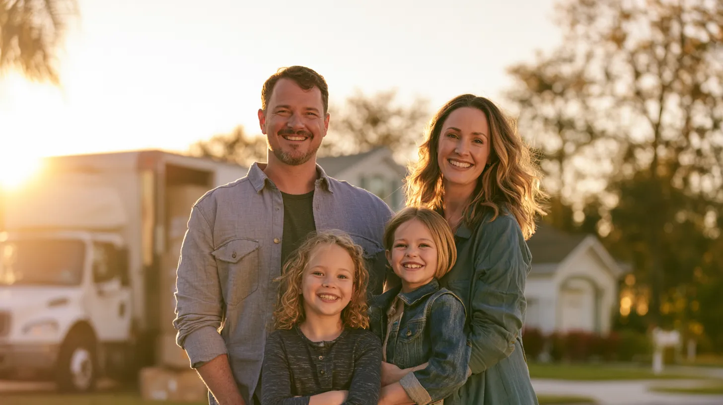 Smiling family standing in front of their new home beside a rental moving truck at golden hour — Esketit personal loans