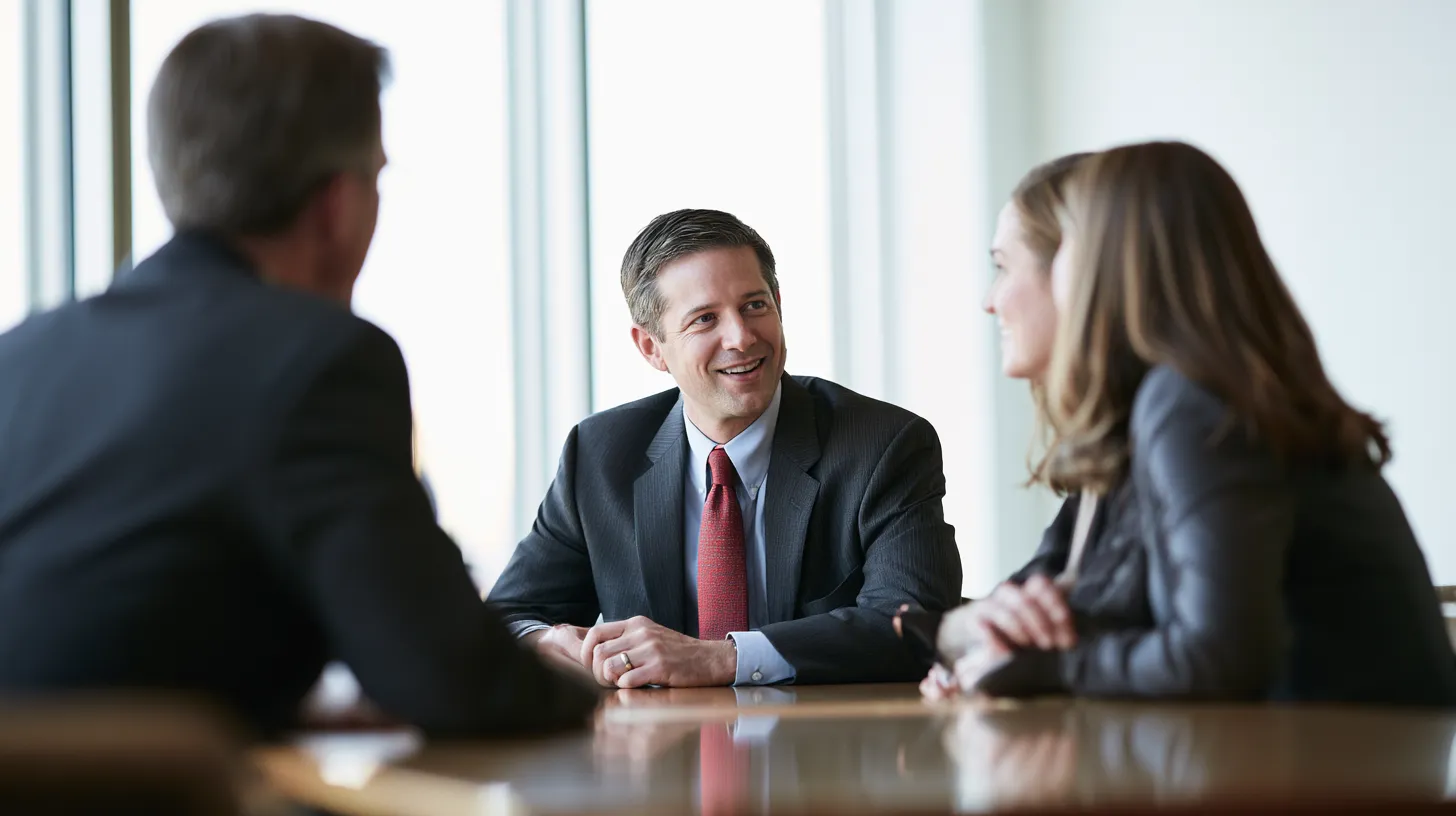 Young couple discussing a personal loan with a consultant across a bright office desk — Esketit personal loans