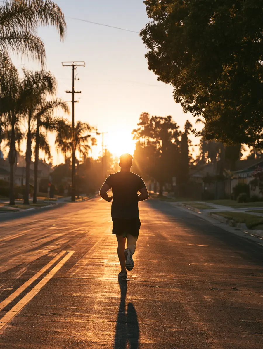Man on a disciplined sunrise jog through his neighborhood, keeping a steady routine